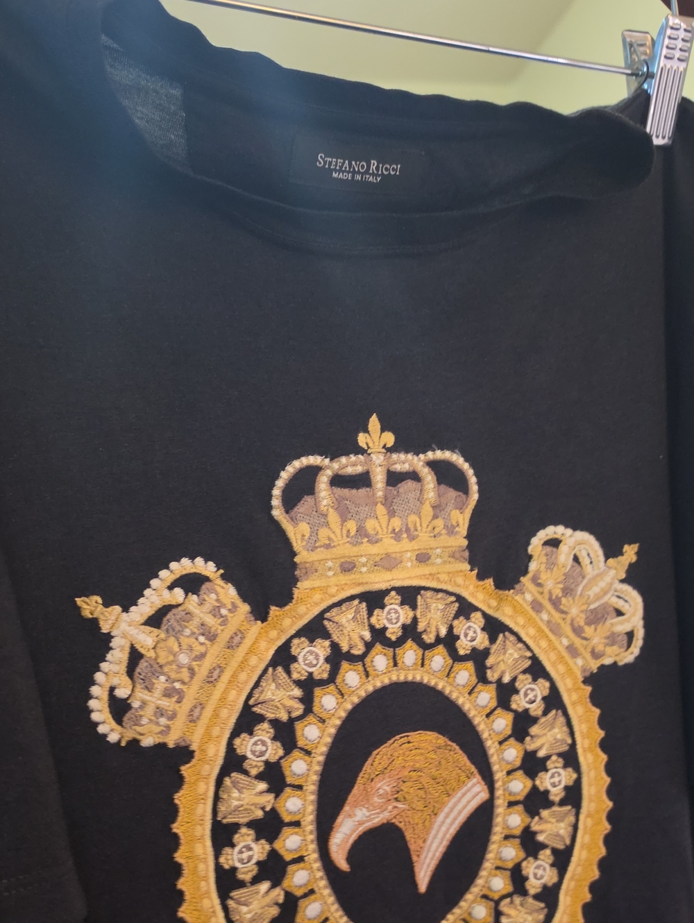 Stefano Ricci Black Tee with Gold Embroidered Regal Crest